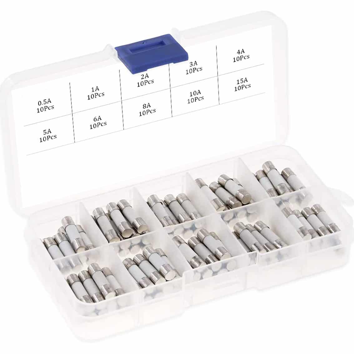 Ceramic Slow Blow Fuse 100 Piece Assortment Pack with Case - 5mm x 20mm