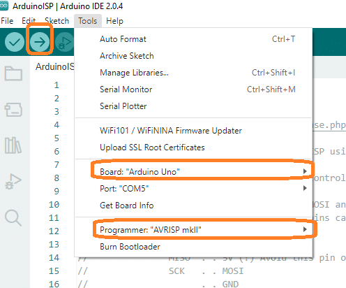 Upload ISP code to Arduino UNO