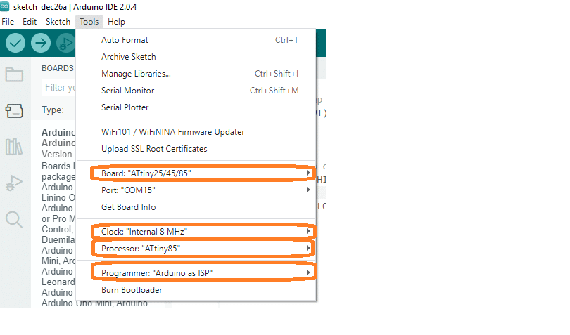 Burn Bootloader to ATtiny85 Settings