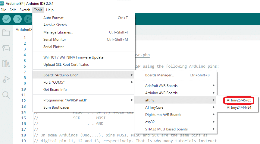 Choose ATtiny85 board