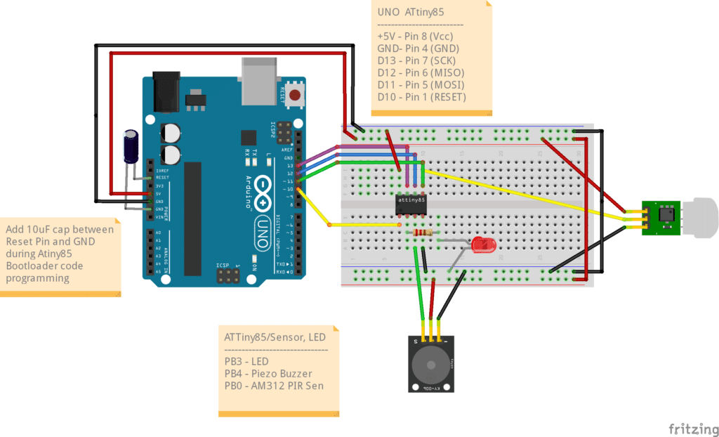 Circuit setup ATtiny85 Intruder Alarm with ISP