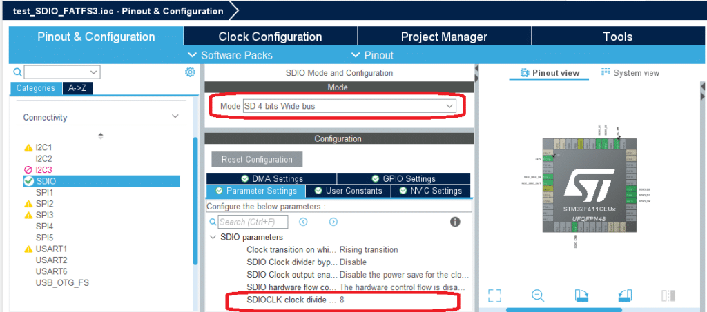 STM32CubeMX SDIO settings SD card.