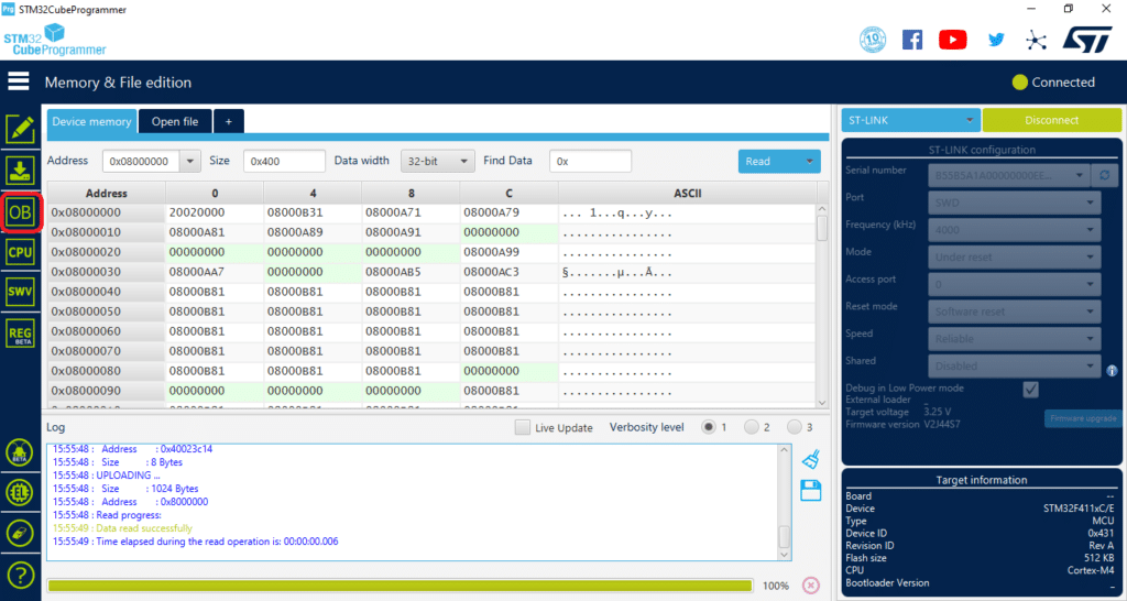 STM32CubeProgrammer Set Configuration bits or Option Bytes Brownout reset in microcontroller