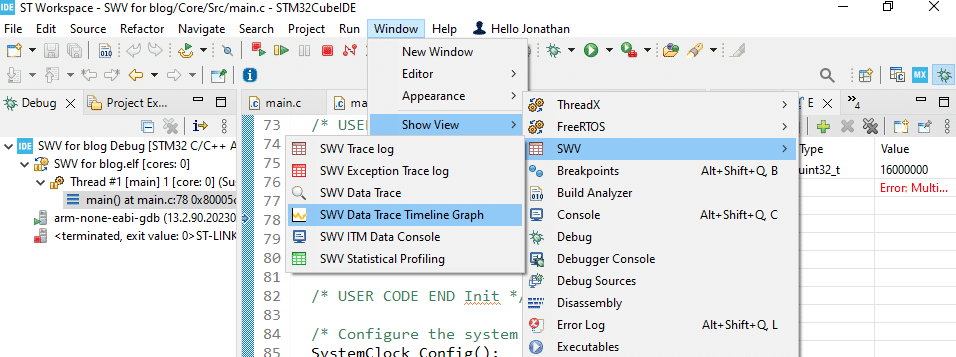 SWV Data Trace Timeline Graph