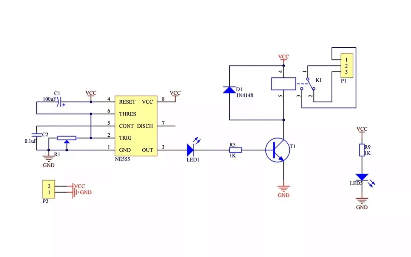2v adjustable 0 to 10 second delay relay module - NE555 schematic diagram